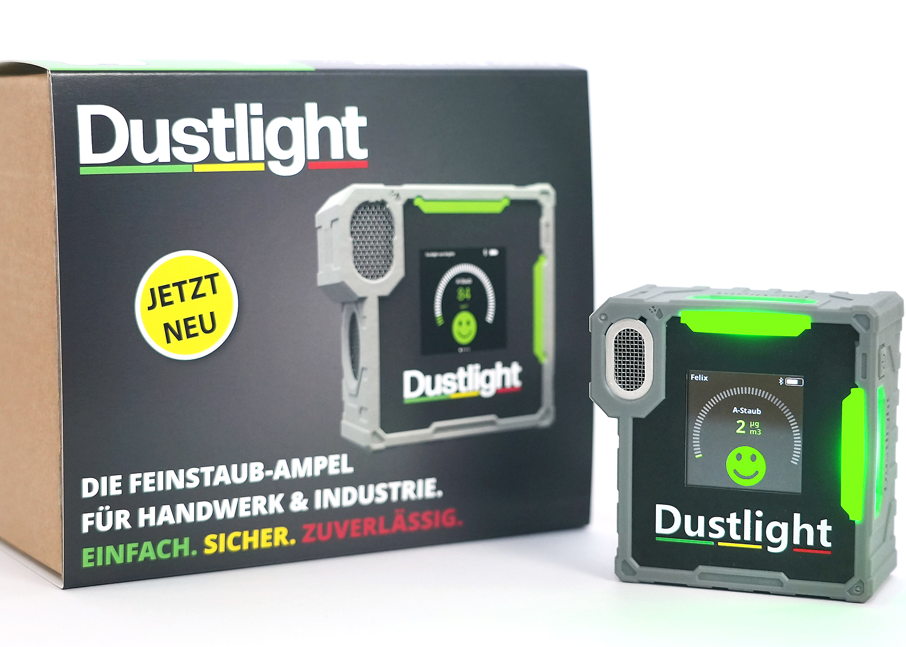 Feinstaubmessgerät DustLight MINI, Abbildung des Geräts neben Verpackung