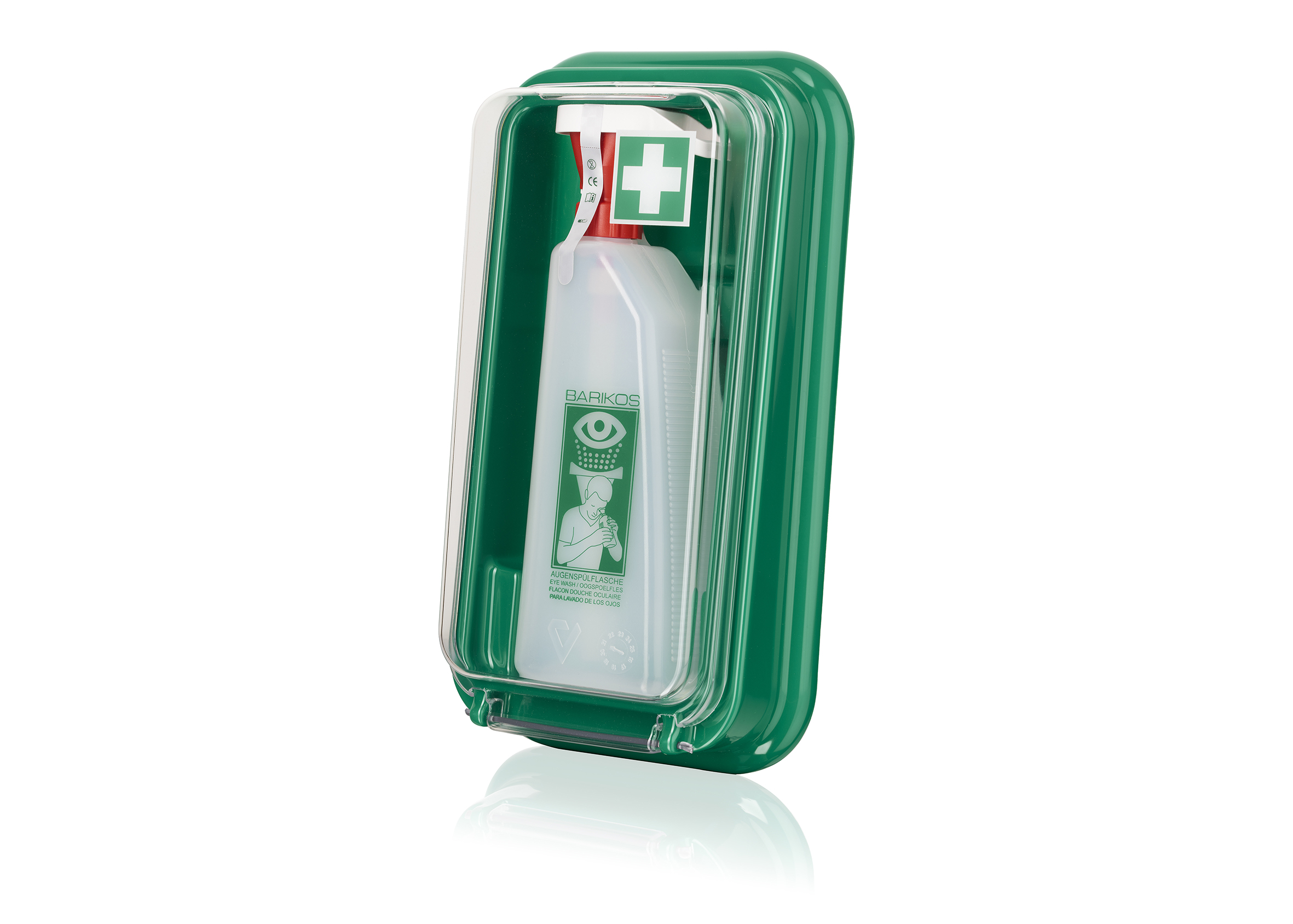 BARIKOS Augenspülflaschen-Set: Wandbehälter + Augenspülflasche 620 ml