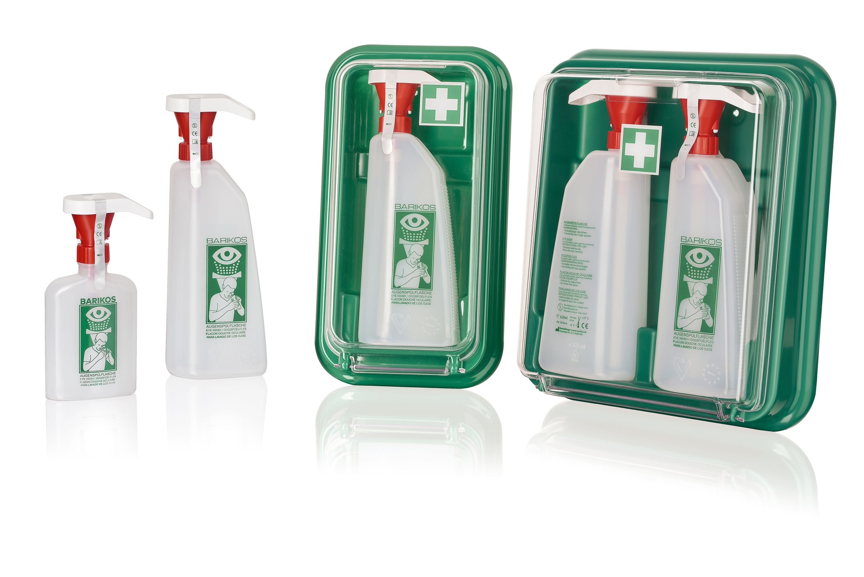 BARIKOS Augenspülflaschen-Set: Wandbehälter + Augenspülflasche 620 ml