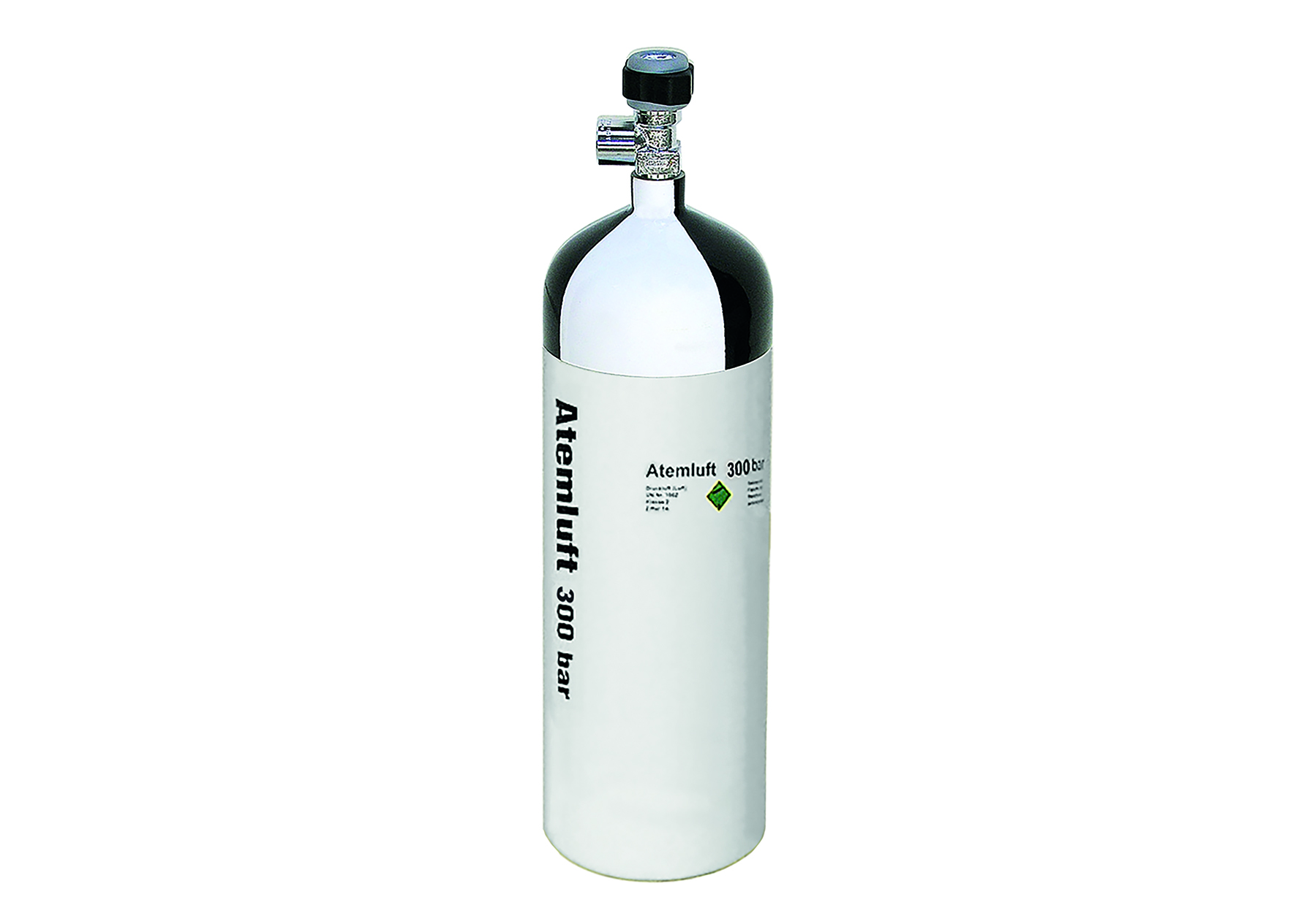 Atemluft-Stahlflasche mit 2 l Fassungsvermögen und 300 bar Fülldruck